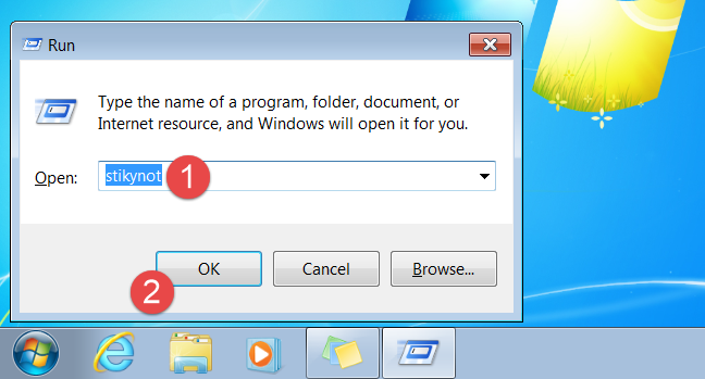 اجرای برنامه Sticky Notes با استفاده از پنجرۀ Run در ویندوز (ویندوز 7 و ویندوز 8.1)
